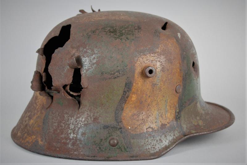 WW1 German Camouflage Helmet With Severe Battle Damage