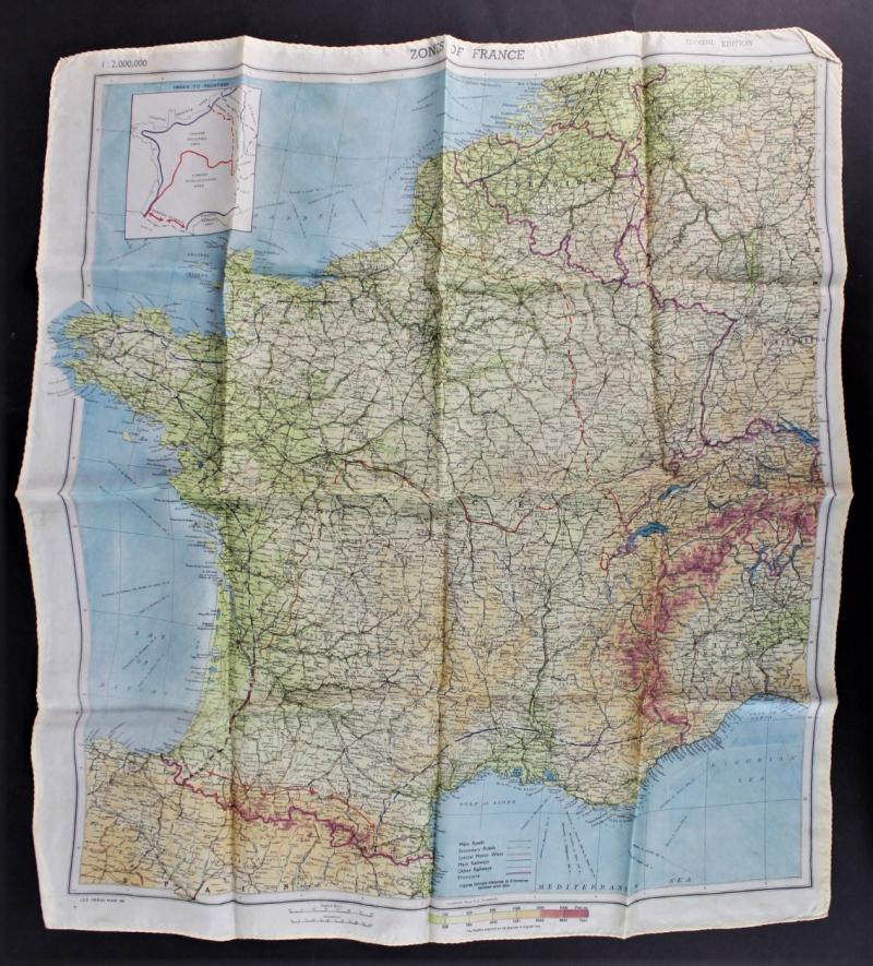 WW2 Silk Map ' Zones of France ' & Normandy Coastline March 1944