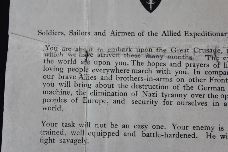 Original & Rare D-Day Eisenhower ' June 6, 1944, Order Of The Day ' Printed Leaflet