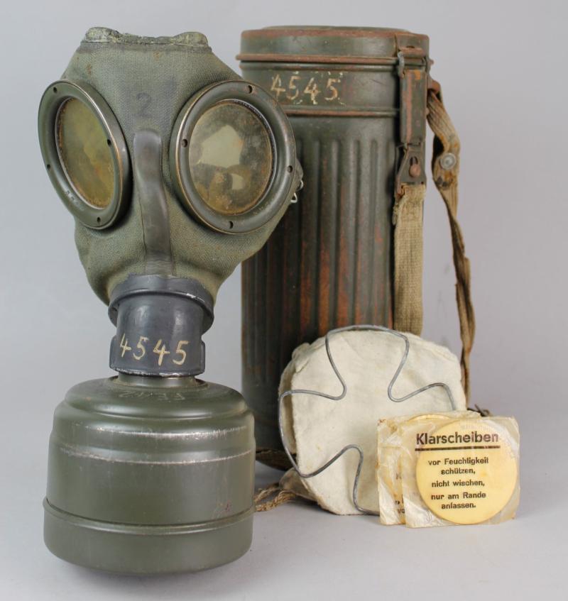 WW2 German Matching Numbered Gas Mask & Canister With Cleaning Cloth , Spring & Spare Lenses