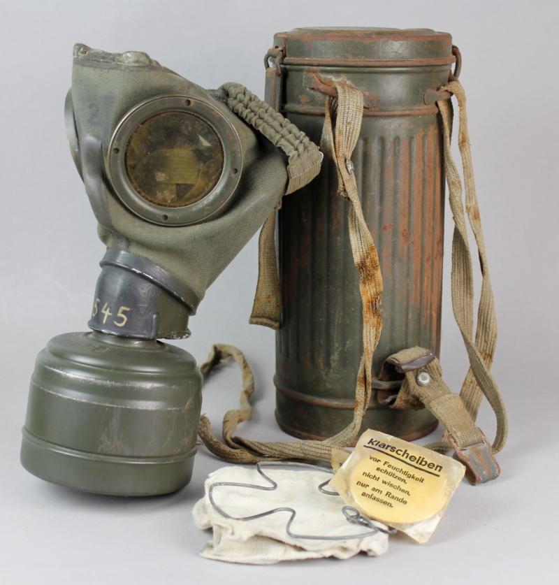 WW2 German Matching Numbered Gas Mask & Canister With Cleaning Cloth , Spring & Spare Lenses