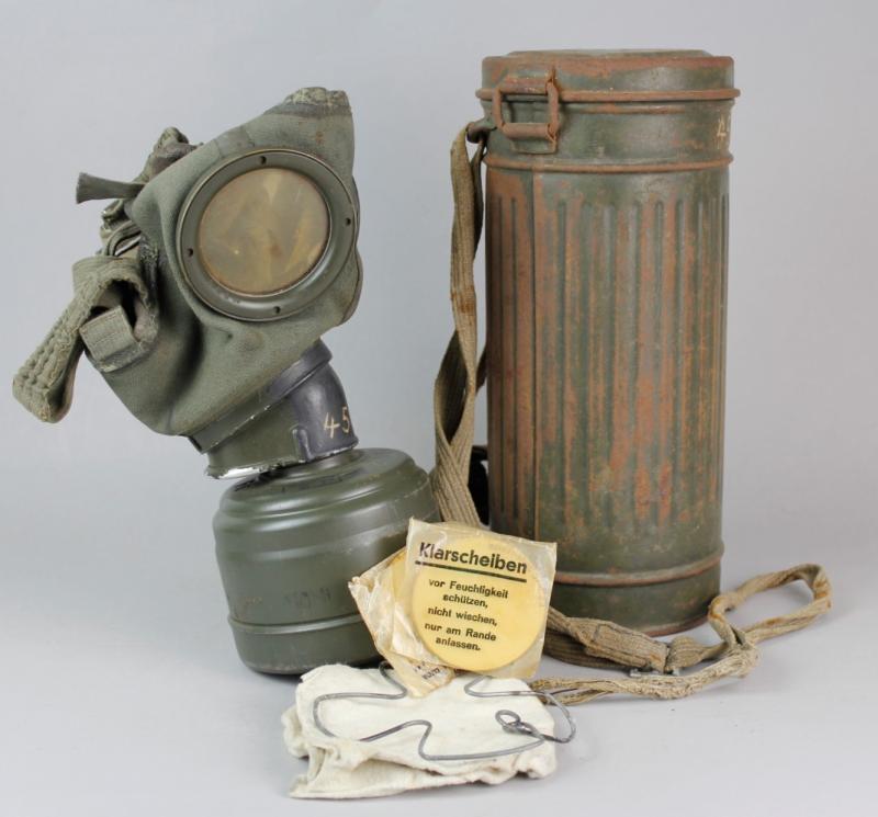 WW2 German Matching Numbered Gas Mask & Canister With Cleaning Cloth , Spring & Spare Lenses
