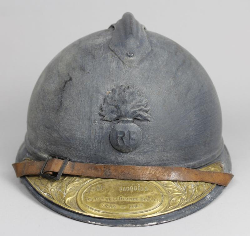 WW1 French M15 Adrian Helmet With Commandant Named Souvenir Plaque