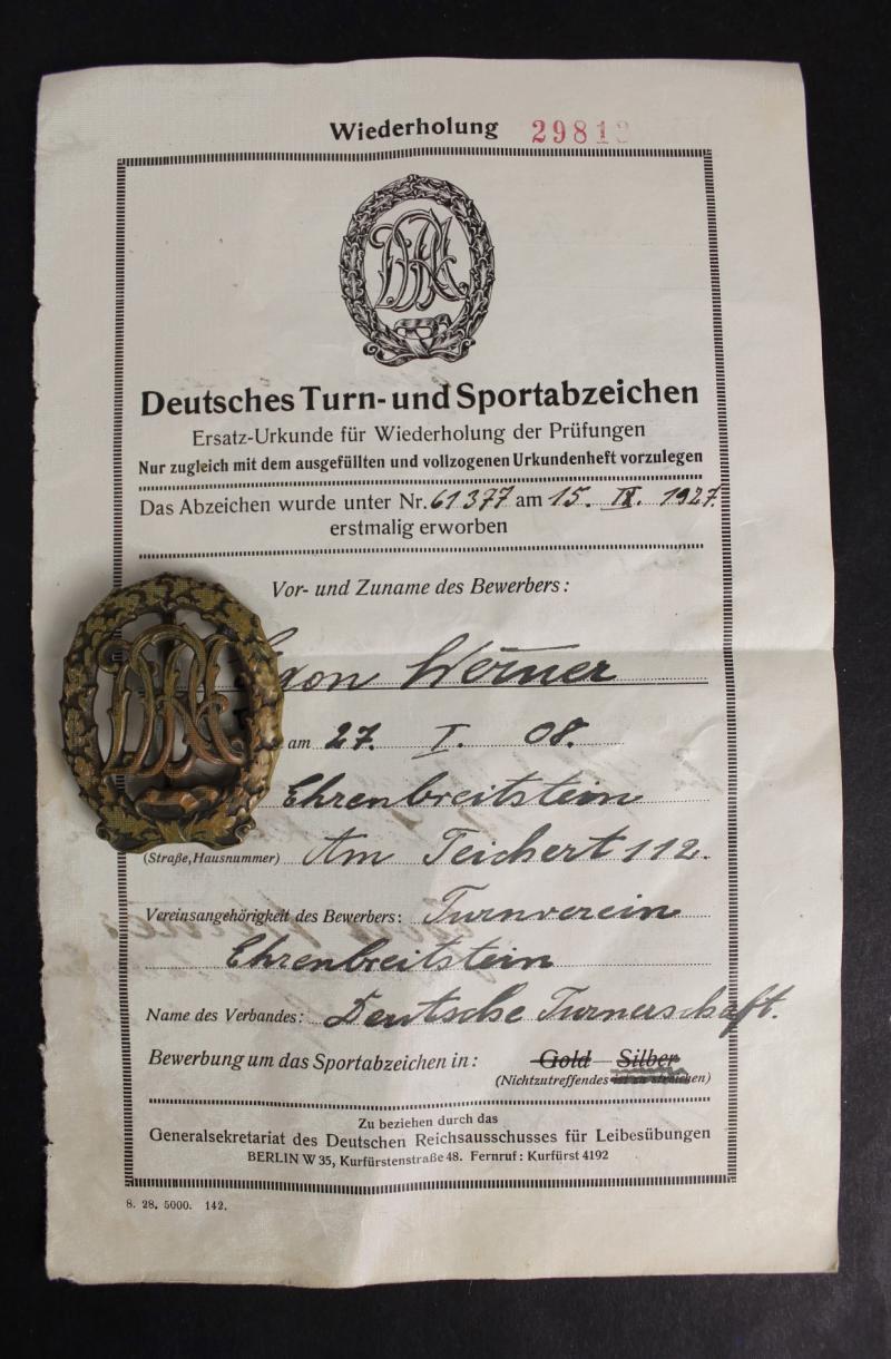 WW2 German DRL Sports Badge & Award Document
