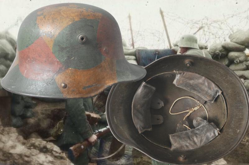 WW1 German Camouflage M17 Helmet With Rare Grey Chromed Leather Pad Holders