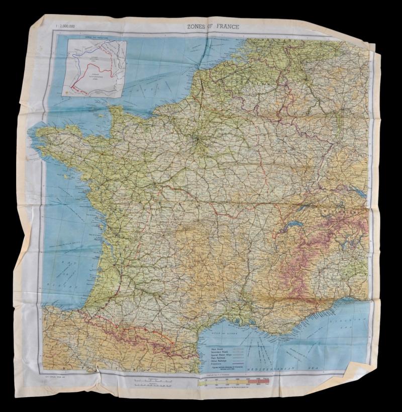 WW2 Silk Escape Map ' Zones of France ' & Normandy Coastline March 1944