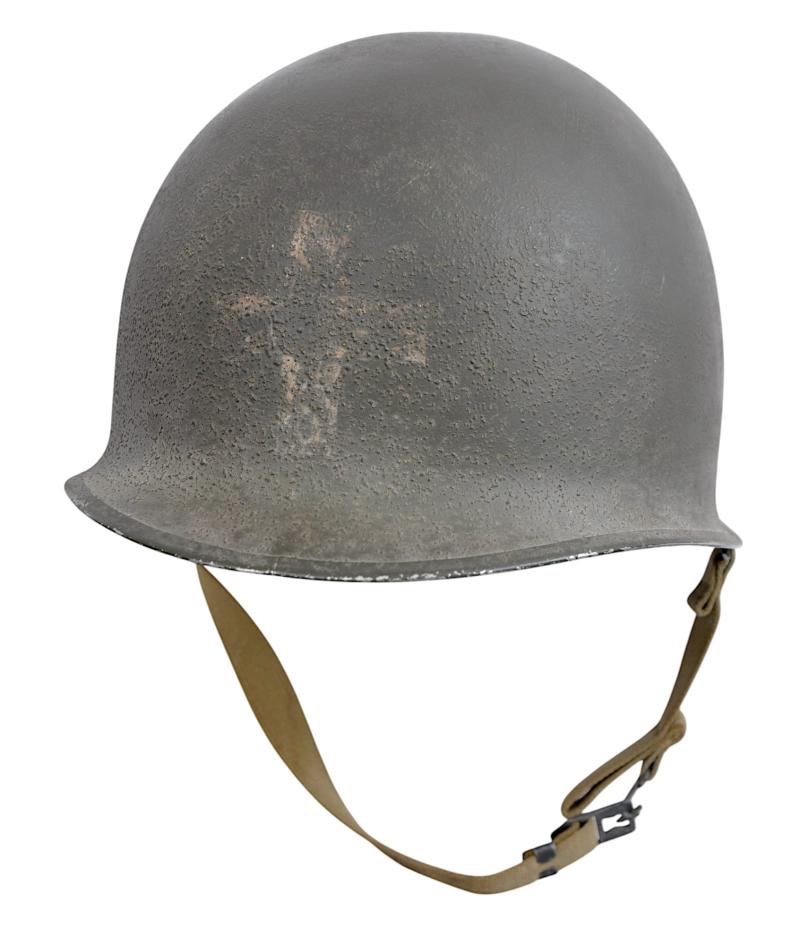 WW2 US Fixed Bales , Front Seam M1 Helmet With Medic Insignia
