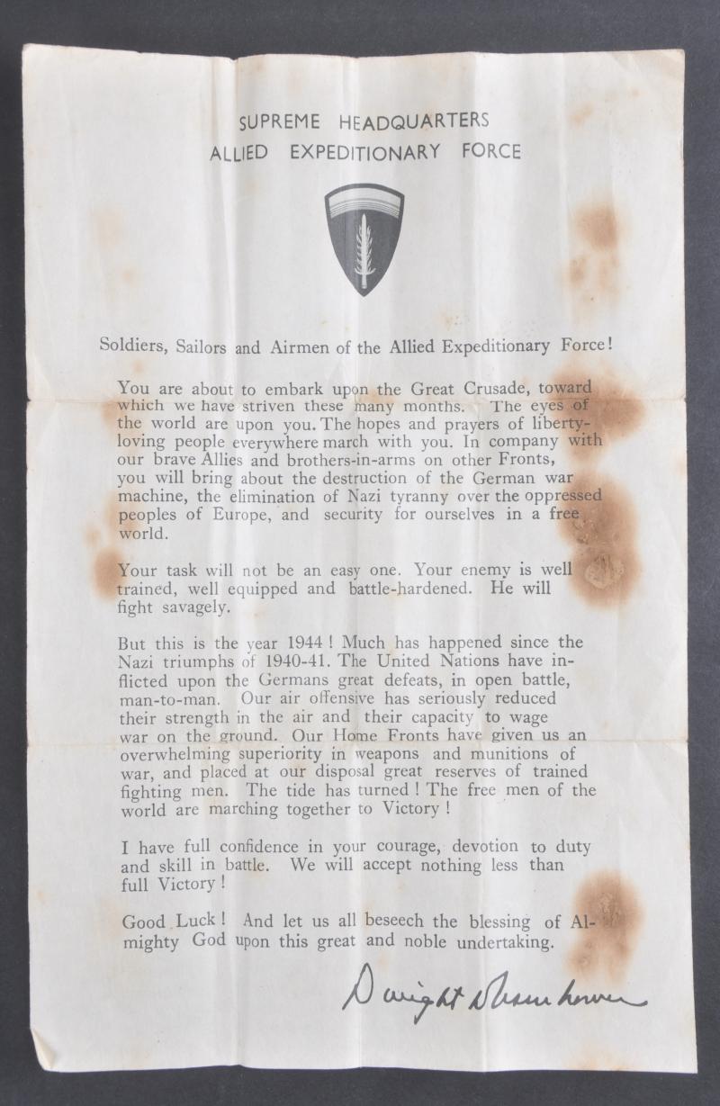 Original & Rare D-Day Eisenhower ' June 6, 1944, Order Of The Day ' Printed Leaflet