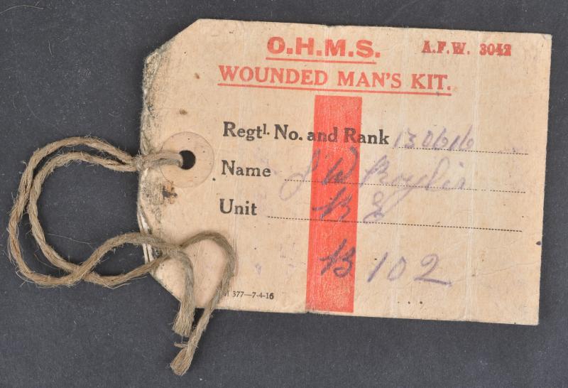 WW1 British Wounded Mans Kit Label 1916