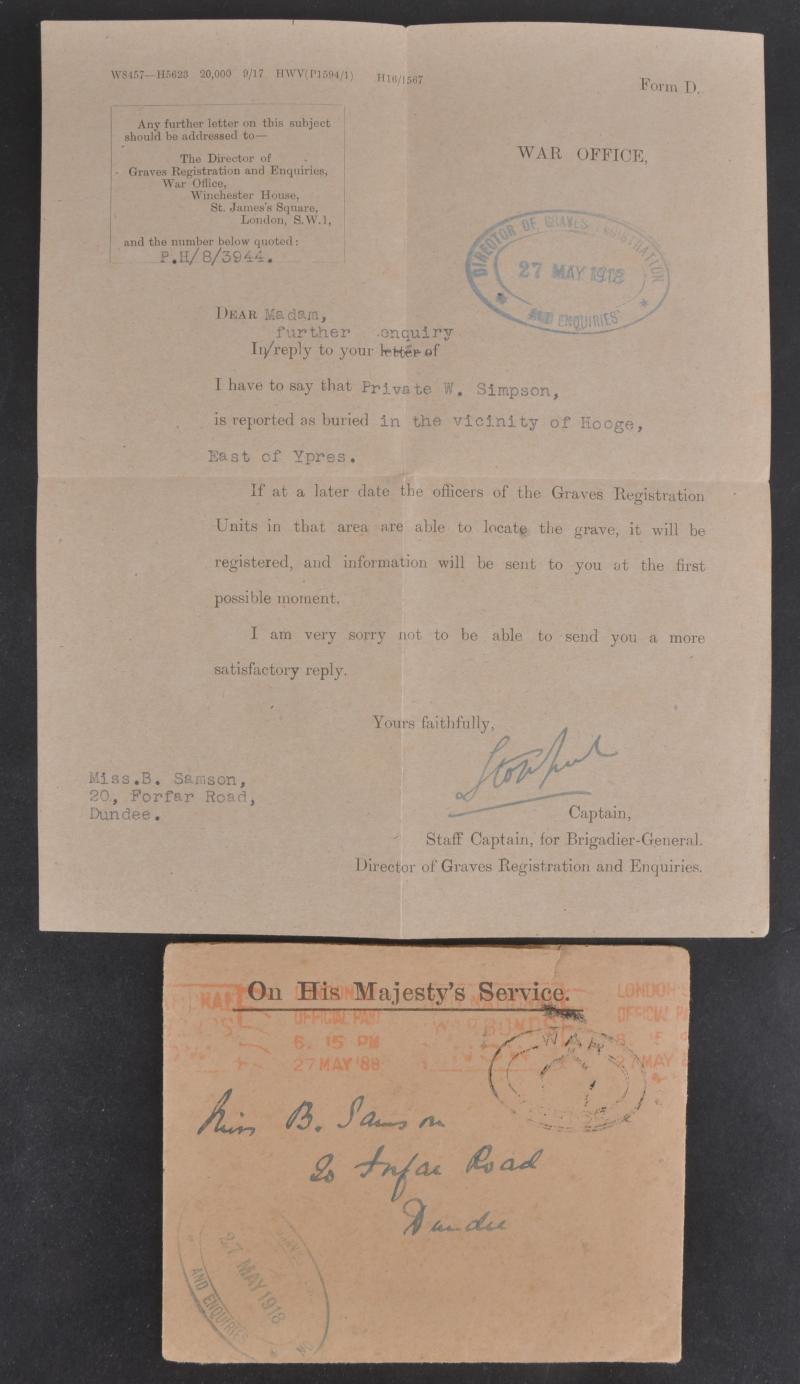 WW1 British Letter From Graves Registration To Relative ( Hooge Burial ) May 1918