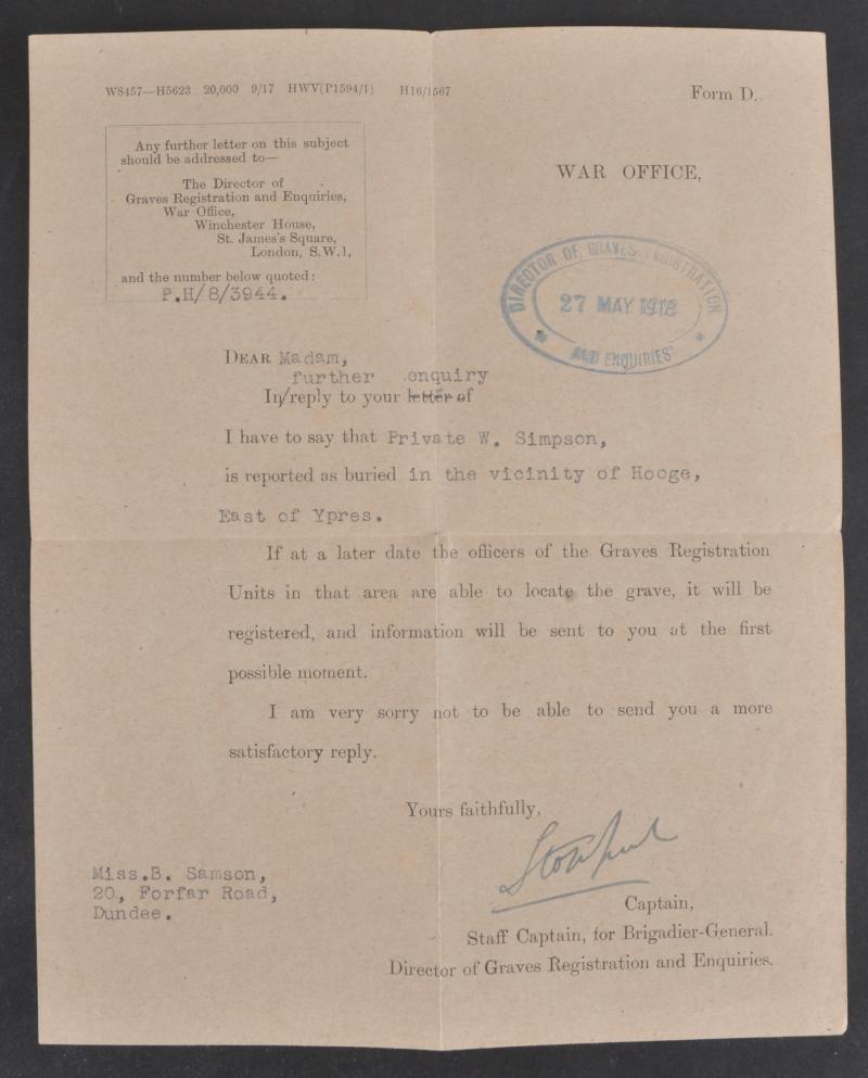 WW1 British Letter From Graves Registration To Relative ( Hooge Burial ) May 1918