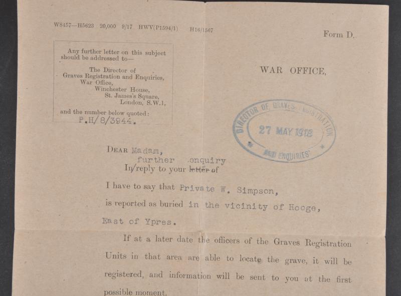 WW1 British Letter From Graves Registration To Relative ( Hooge Burial ) May 1918