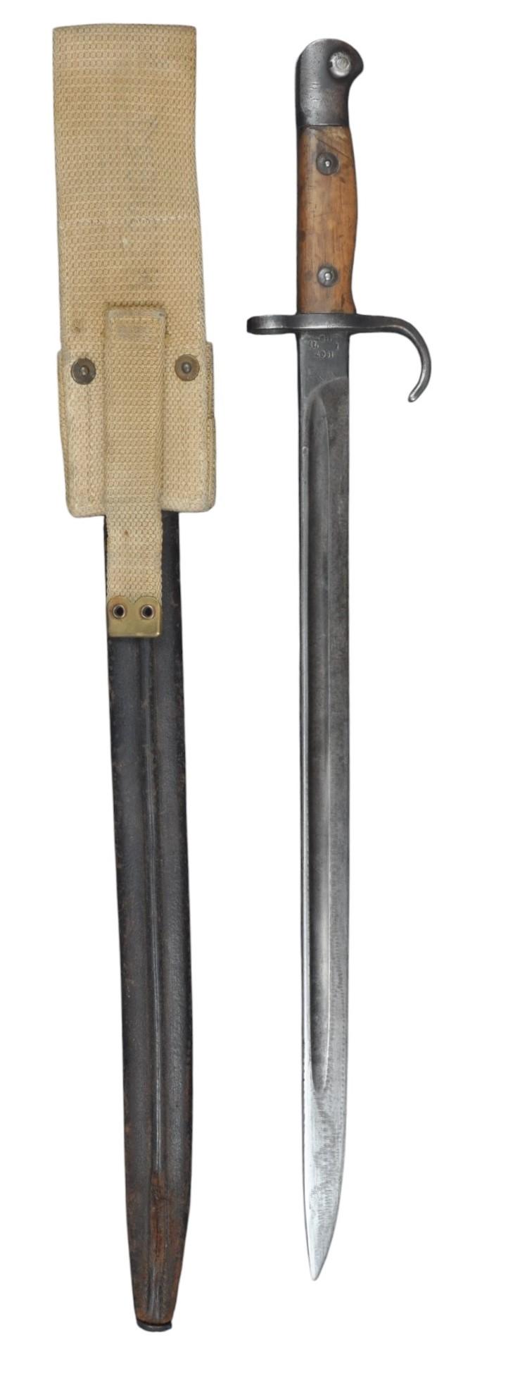 WW1 British '07 Pattern Matching Numbered To 1st Pattern Scabbard Hooked Quillon Bayonet Marked 1st Northumberland Fusiliers With 1915 Dated Frog